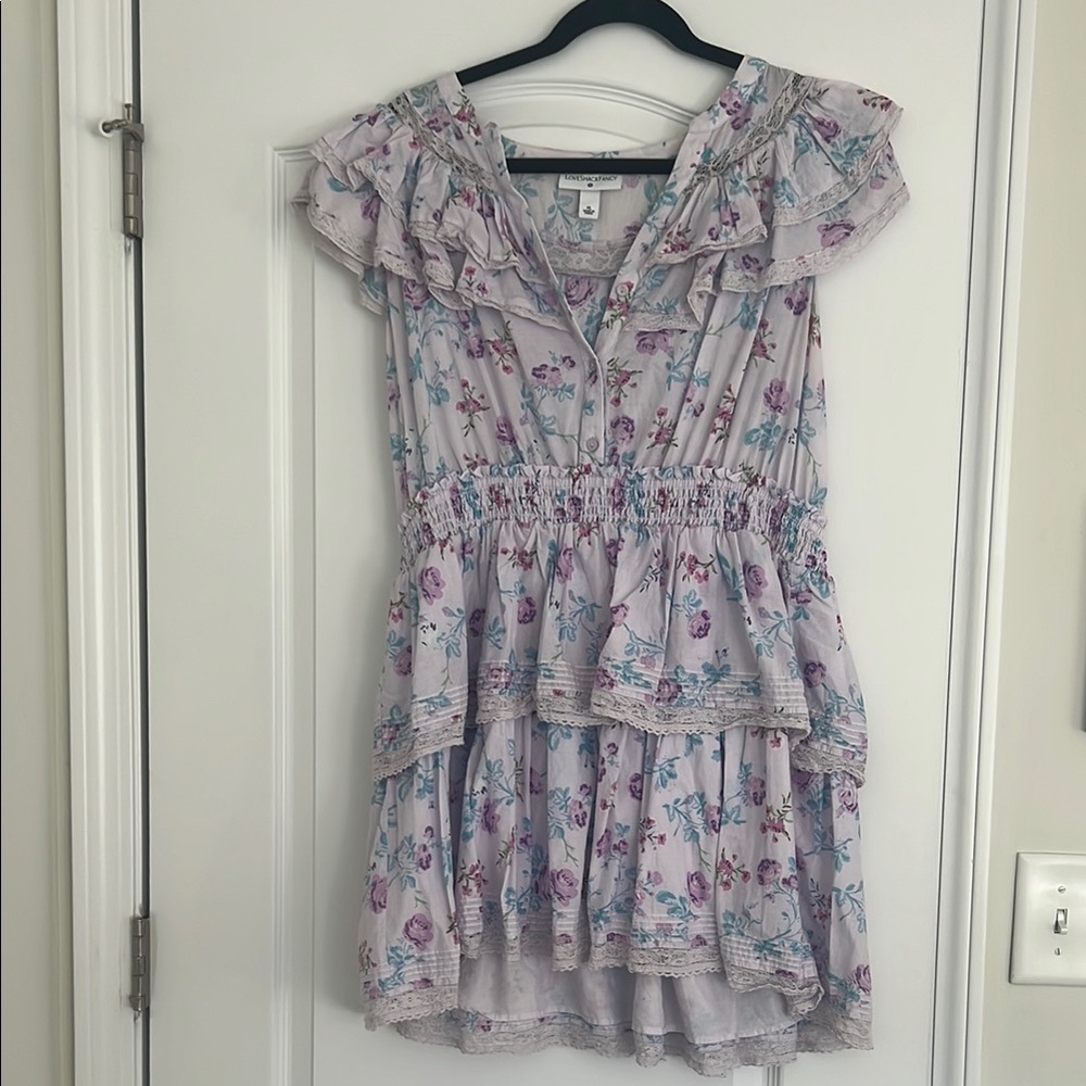 LoveShackFancy Purple and Blue Mini Sundress with Ruffled Flutter Sleeves